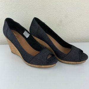 TOMS Black Denim Stella Peep-Toe Wedge | Sz 9.5